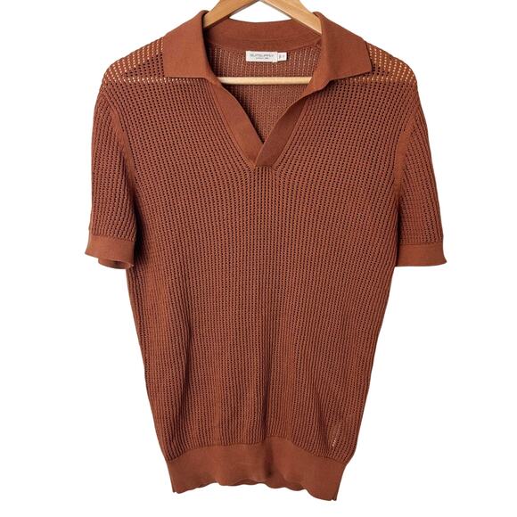 Suitsupply Crochet Buttonless Polo Shirt Mens S Rust Brown Cotton Silk Open Knit - Picture 1 of 13